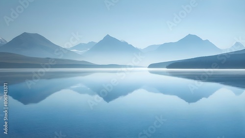 Tranquility of a serene lake with mountains in the background on an empty table. Concept Nature, Serenity, Lake, Mountains, Table Setting © Anastasiia