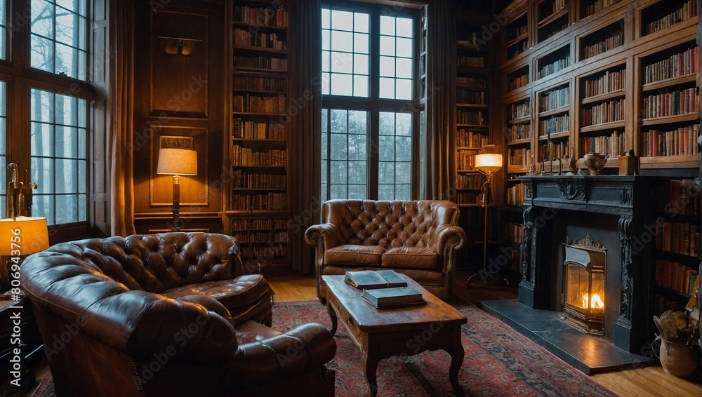A cozy library with floortoceiling bookshelves filled A cozy library with floortoceiling bookshelves filled
