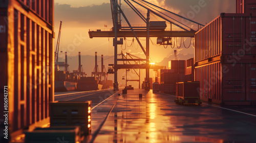 A large container ship is docked at a port. The sun is setting, casting a warm glow over the scene. The port is bustling with activity