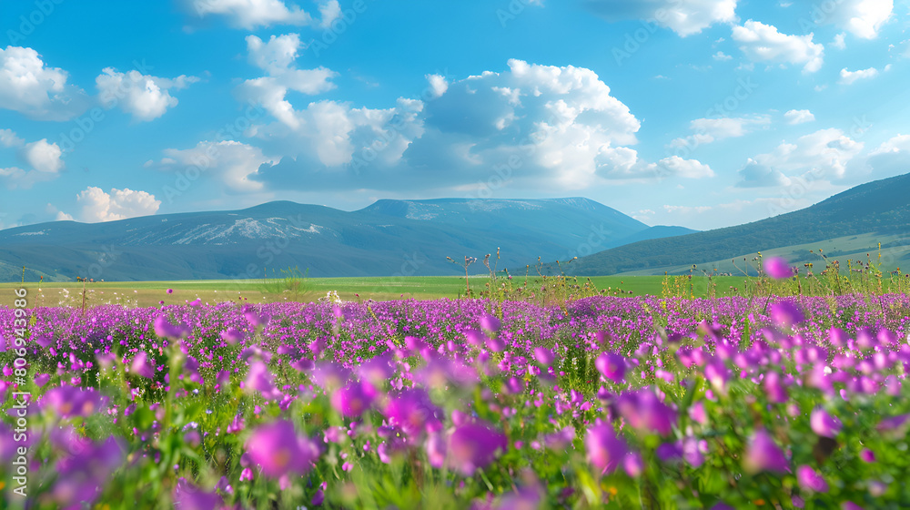 Walking In The Lavender Field Iceland Blooming Icelandic Purple Lupin Flower Field Sunset Mountain Panorama Close-up of poppies on green field against sunlight and blue sky, Generative Ai