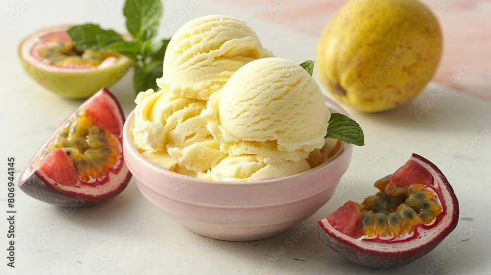  Pink ice cream bowl with a halved grapefruit and intact pomegranate