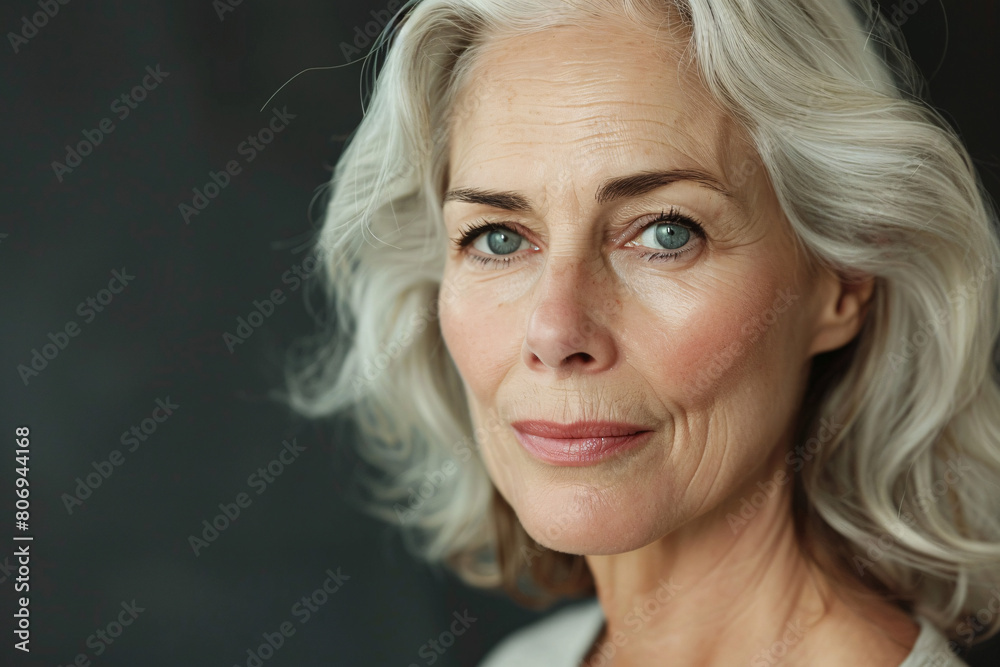 Portrait of a mature woman with gray hair and a subtle smile looking at the camera Portrait of a mature woman with gray hair and a subtle smile looking at the camera