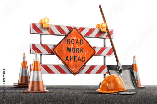 Сonstruction site with a Road Work Ahead sign, traffic cones, hard hat, shovel against a white background. Road safety, construction work, civil infrastructure maintenance engineering projects. 3D © Corona Borealis