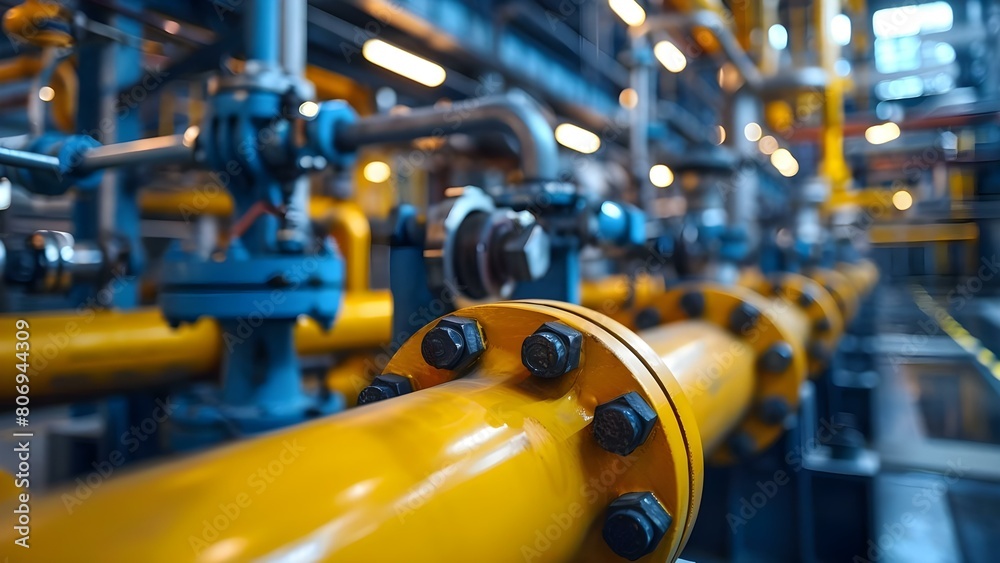 Fototapeta premium Oil and chemical hydrogen pipelines on a pipe rack in an industrial setting. Concept Industrial Piping, Oil Pipeline, Chemical Pipeline, Pipe Rack, Hydrogen Pipeline