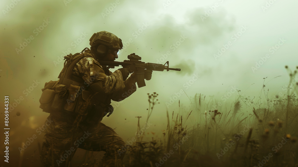 A soldier in camouflage moves through a misty field, rifle at the ready, amidst a foggy battlefield. A soldier in camouflage moves through a misty field, rifle at the ready, amidst a foggy battlefield.
