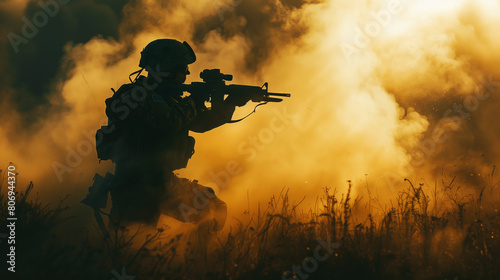 Silhouette of a soldier in action amidst smoke and sunset, aiming a rifle in a grassy field.
