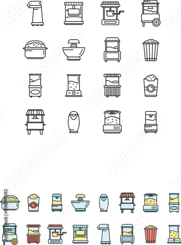 Popcorn maker machine icons set outline vector. Cinema corn. Making cook thin line color flat on white