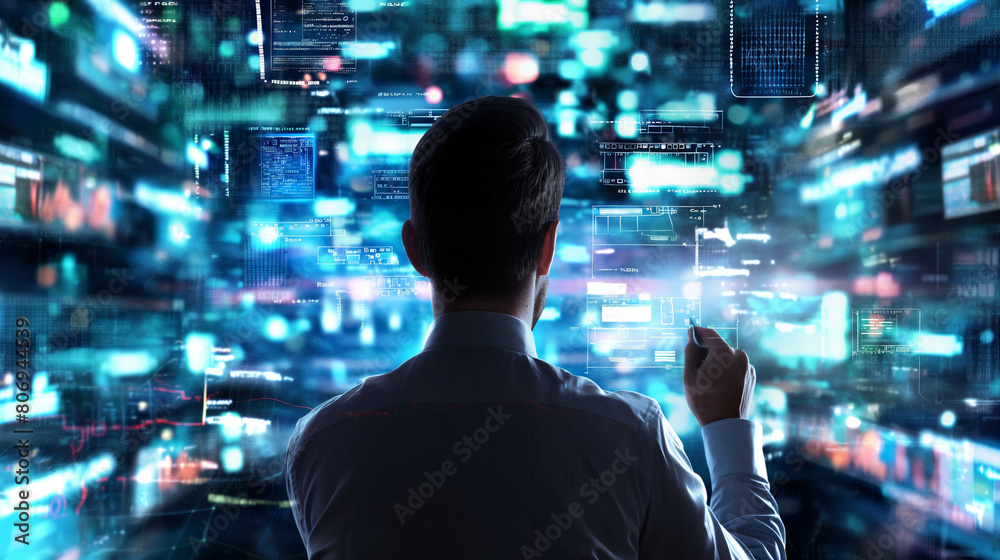 Futuristic Silhouette of a Man Analyzing Data on High-Tech Digital Screens Futuristic Silhouette of a Man Analyzing Data on High-Tech Digital Screens
