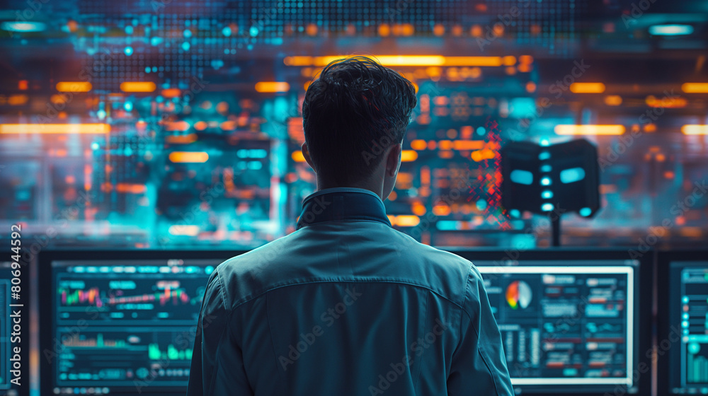 Futuristic Silhouette of a Man Analyzing Data on High-Tech Digital Screens Futuristic Silhouette of a Man Analyzing Data on High-Tech Digital Screens