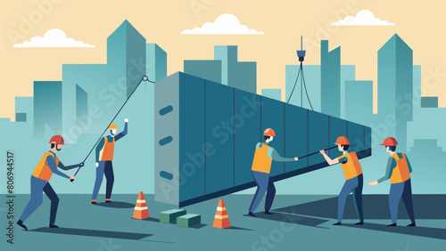 Crew members maneuvering large prefabricated sound walls into position and securely anchoring them to the ground to serve as a barrier for a rapidly. Vector illustration