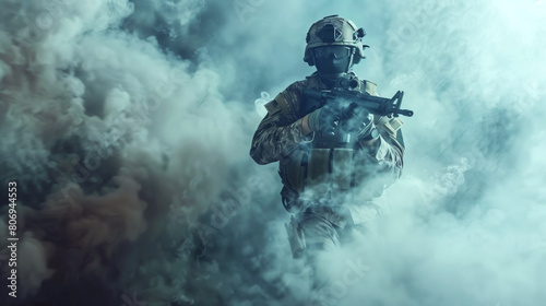 A soldier in tactical gear stands alert in heavy smoke, holding an assault rifle. photo