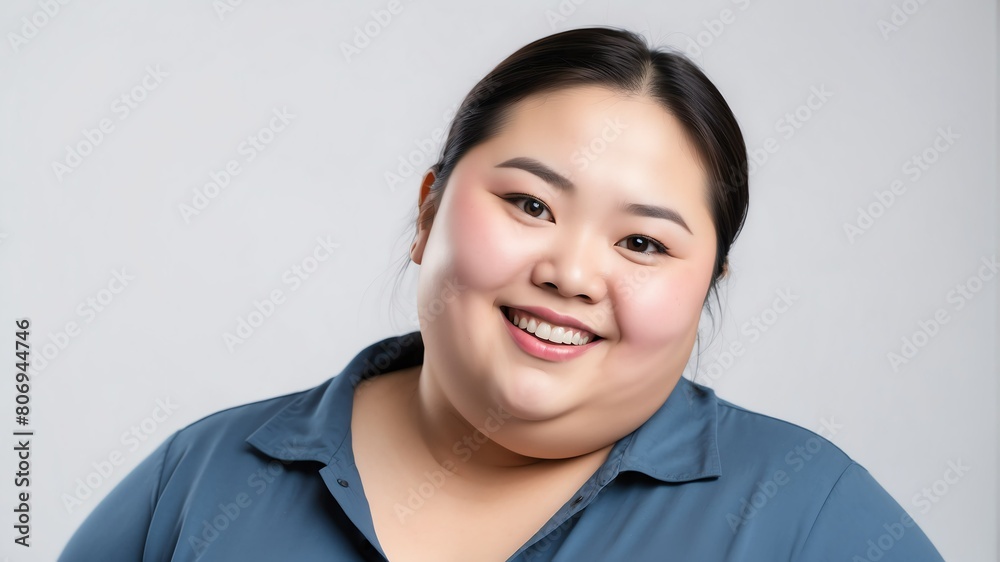 smiling young asian overweight woman studio portrait on plain white background from Generative AI smiling young asian overweight woman studio portrait on plain white background from Generative AI