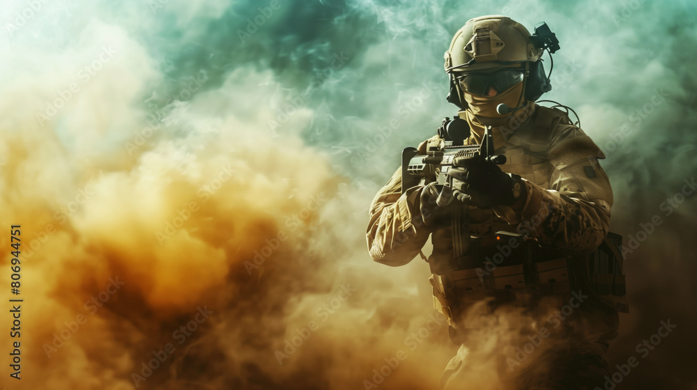 A soldier in full combat gear holding a rifle amidst dense colorful smoke on a battlefield. A soldier in full combat gear holding a rifle amidst dense colorful smoke on a battlefield.