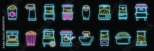 Popcorn maker machine icons set outline vector. Cinema corn. Making cook neon color on black