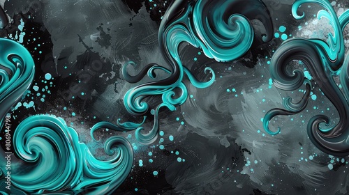 Abstract art features vibrant turquoise swirls on a charcoal grey background with a liquid texture.