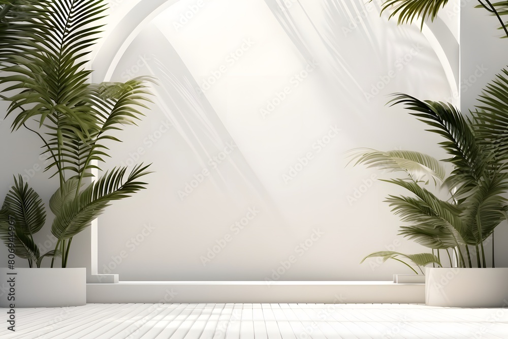 Interior of a white room with sunlight and tropical plants
Interior of a white room with sunlight and tropical plants