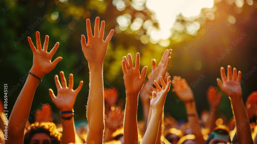 An array of hands raised enthusiastically against a glowing sunset, capturing a vibrant outdoor event. An array of hands raised enthusiastically against a glowing sunset, capturing a vibrant outdoor event.
