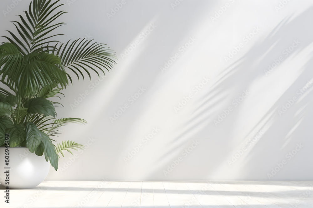Interior of a white room with sunlight and tropical plants
Interior of a white room with sunlight and tropical plants