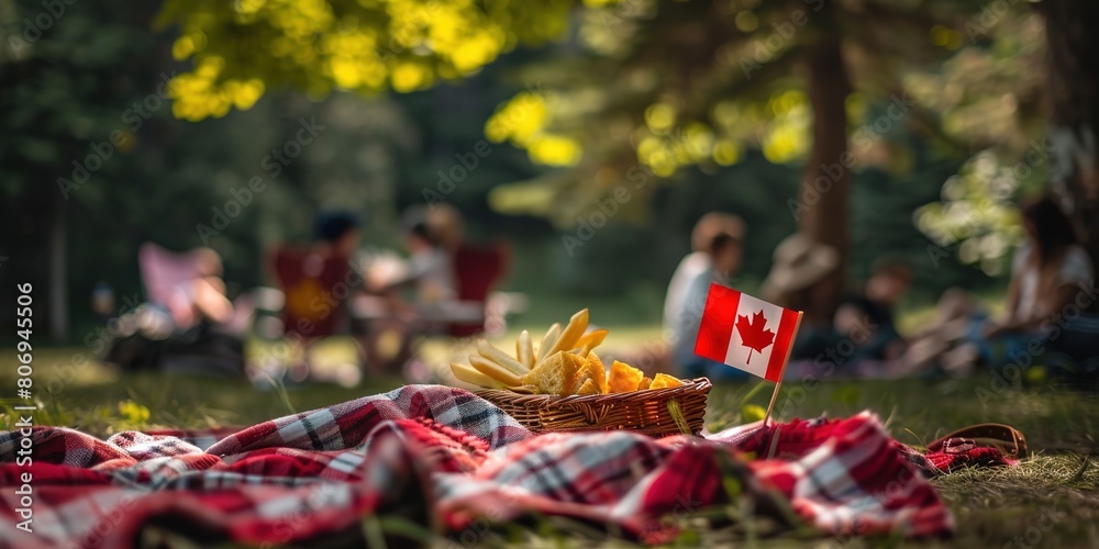 Obraz premium Canada Day picnic scene with a focus on fries and flag.
