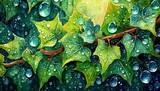タの葉っぱに付く、宝石のような水滴の背景用イメージ