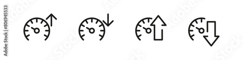 Speed up and down vector icon set. Speedometer gauge. Performance acceleration and breaking.