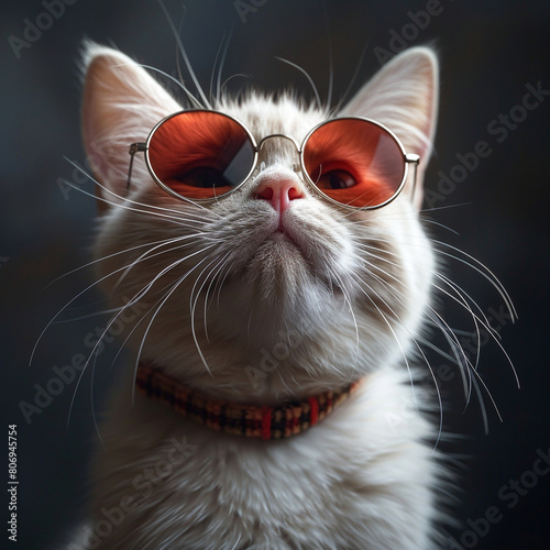 Closeup portrait of funny white cat wearing red sunglasses.