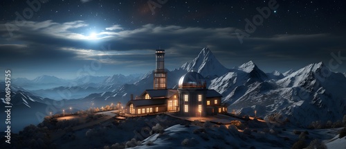 Fantasy landscape with a house on the background of a snowy mountain