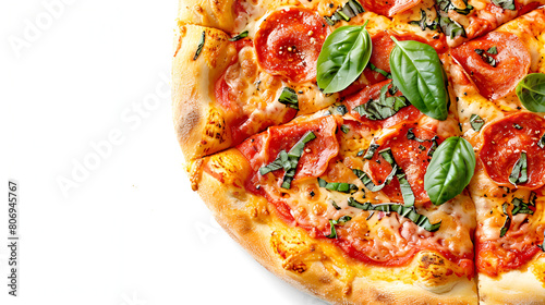 Pepperoni pizza in a box on a white background A delicious and tasty Italian pizza Margherita with tomatoes and buffalo mozzarella, Generative Ai