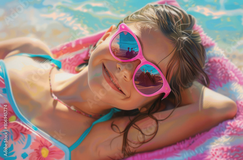 A little girl with pink sunglasses lying on a beach towel, smiling and reading a book