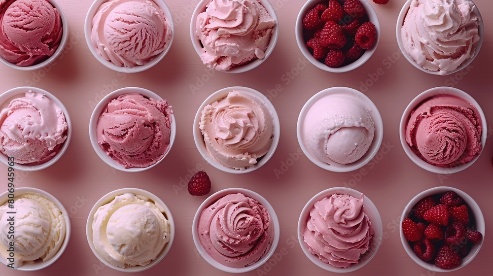 Various ice creams in bowls with fresh fruit Various ice creams in bowls with fresh fruit