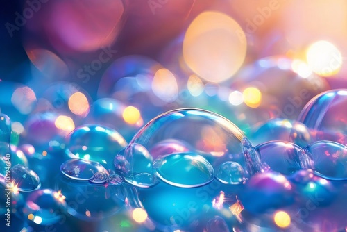 Abstract background with bright bubbles and colorful bokeh effects.