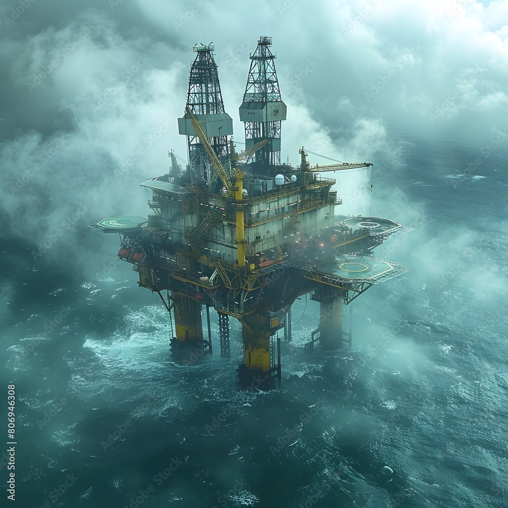 Offshore Oil Rig Enveloped in Atmospheric Fog Capturing the Essence of Isolation and Mystery in the