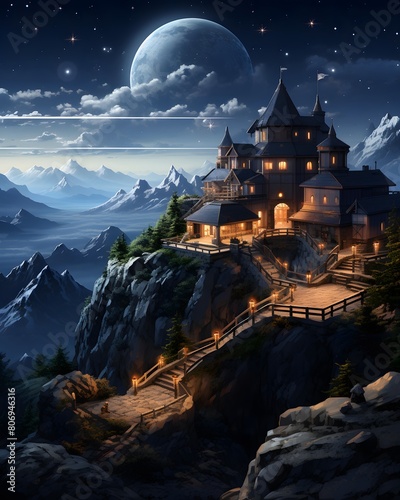 Fantasy landscape with a castle on the cliff. 3D rendering