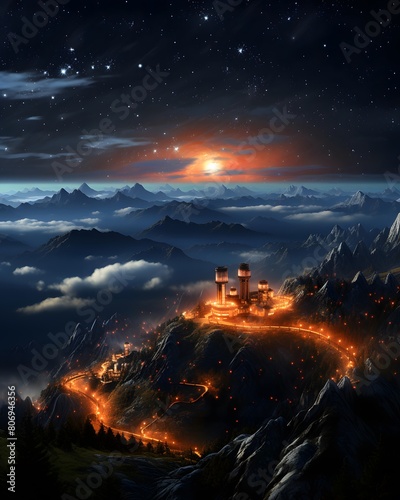 Fantasy landscape with mountains and lighthouse in the middle of the night