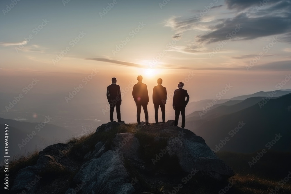 Three male hikers standing triumphantly on a mountain summit as the sun sets in the background