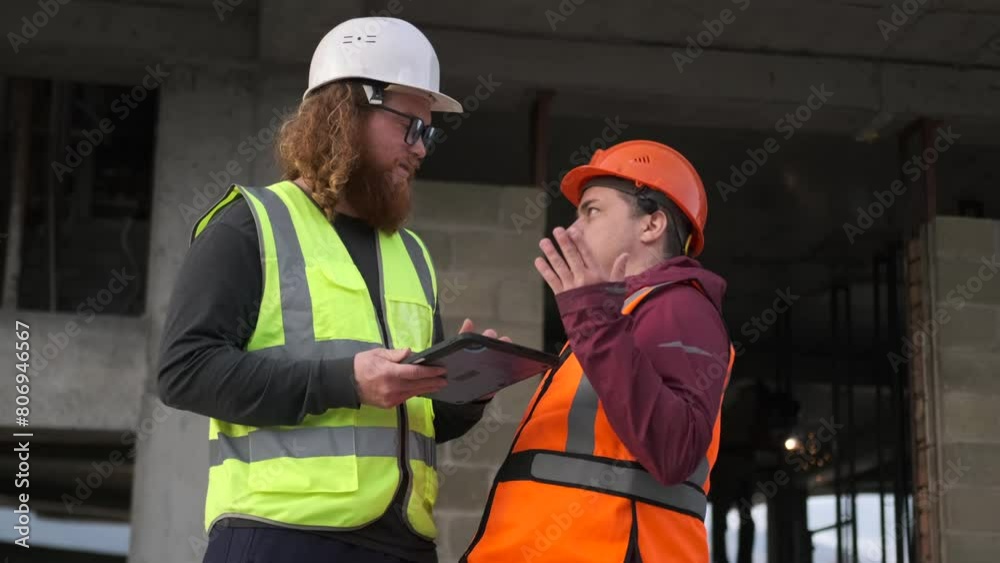 Worker and engineer employees with tablets, discussing the problem of fulfilling an order for the construction of building, arguing against the background of welding and a brick wall. Mid shot. Worker and engineer employees with tablets, discussing the problem of fulfilling an order for the construction of building, arguing against the background of welding and a brick wall. Mid shot.
