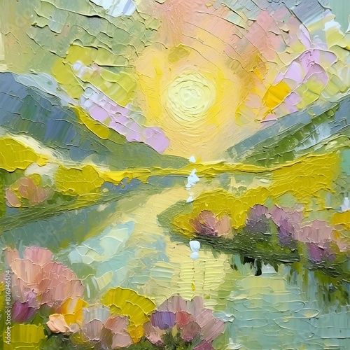 serene oil on canvas scene with sun,river , mountains and nature in pastel colours for wall art