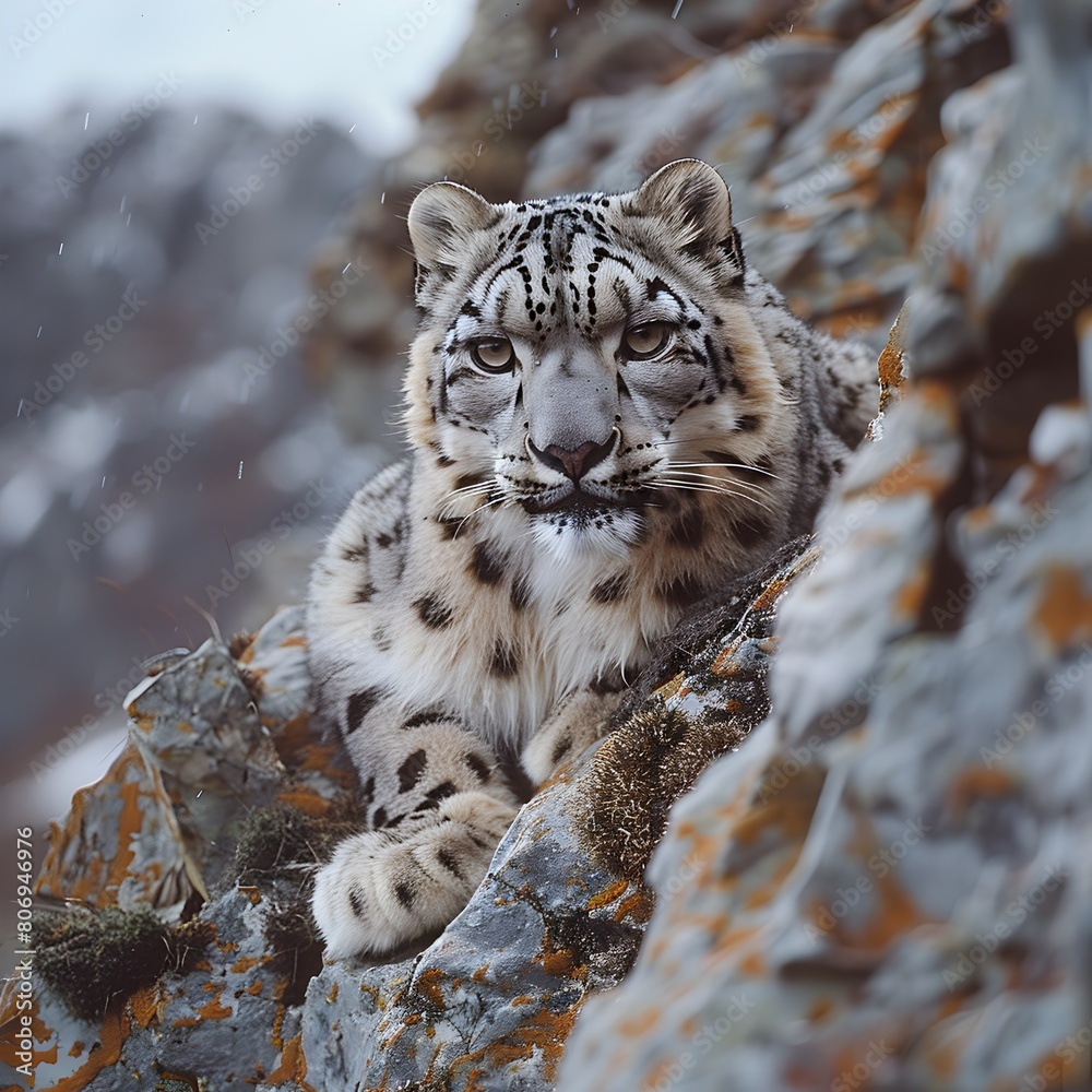 Naklejka premium Snow Leopard Poised to Pounce on Rocky Mountain Outcrop with Keen Gaze and Taut Musculature
