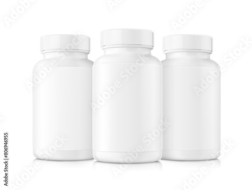 Plastic bottle mockups for sports nutrition, additives, vitamins. Vector illustration isolated on white background. Can be use for template your design, presentation, promo, ad. EPS10.