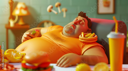 A man reclines on a sofa surrounded by a large quantity of snacks, looking full and drowsy. photo