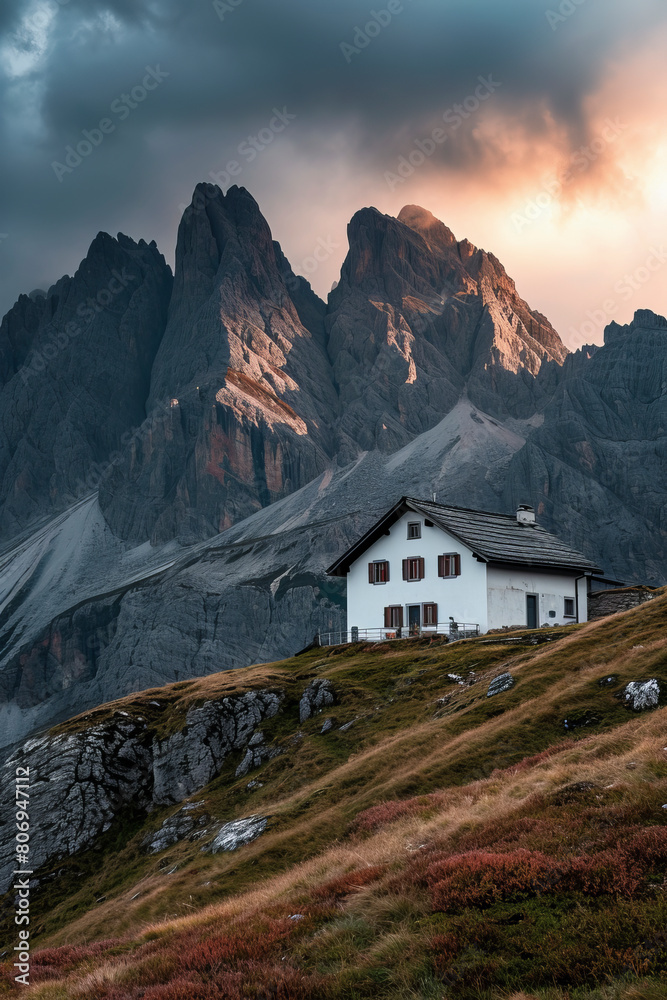 a serene landscape with jagged mountains, snow, rustic buildings, dramatic sky, and ethereal lighting a serene landscape with jagged mountains, snow, rustic buildings, dramatic sky, and ethereal lighting