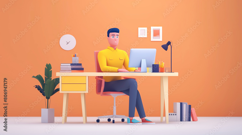 Illustration of a young man working at a stylish desk setup with a modern design aesthetic. Illustration of a young man working at a stylish desk setup with a modern design aesthetic.