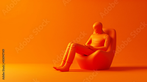 Monochromatic orange scene featuring a faceless mannequin seated in a modern armchair, all in vivid orange.