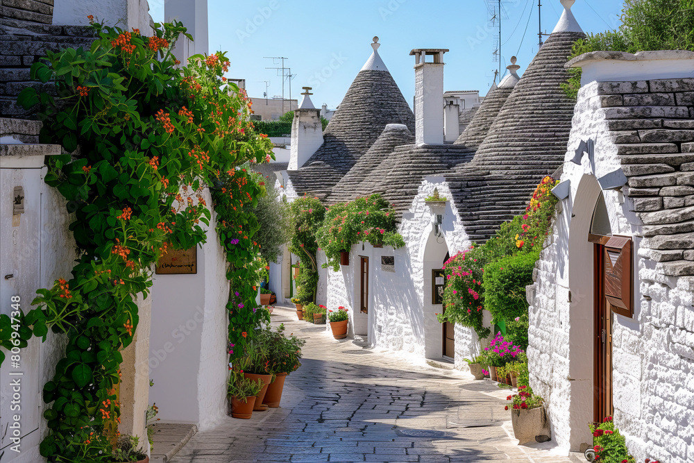 a picturesque street with traditional trulli houses and vibrant flowers under a clear blue sky