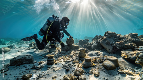 A diver in a scuba suit descending into the water, surrounded by rocky formations beneath the surface