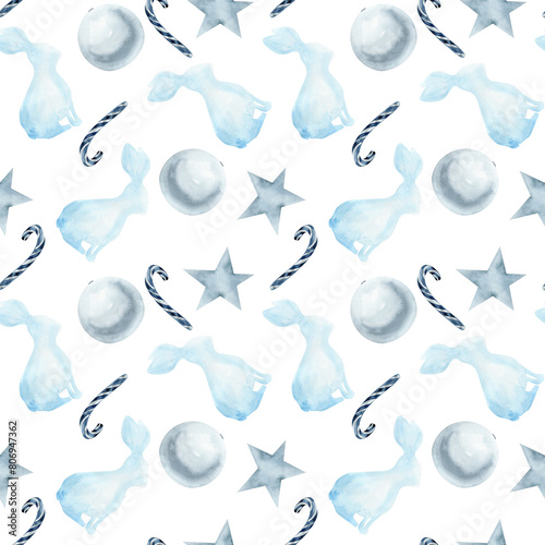 Christmas seamless pattern in monochrome with blue rabbit, candy cane, star and ball watercolor illustrations. Winter background for new year gift packing, greeting card, stationery design
