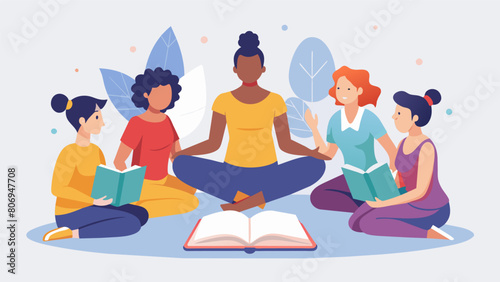 As the book club discusses their latest book they incorporate mindful stretching and movement exercises to maintain focus and relieve tension.. Vector illustration