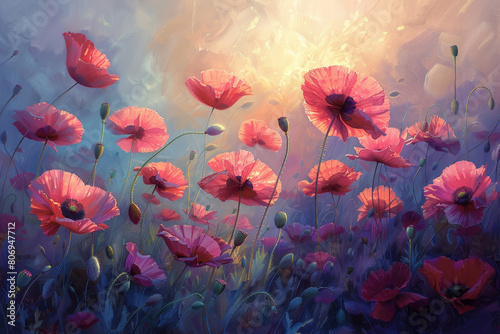 Pink Poppys Flowers Painting in Field. Generative AI