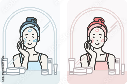 Illustration of a woman skin care in front of a vanity