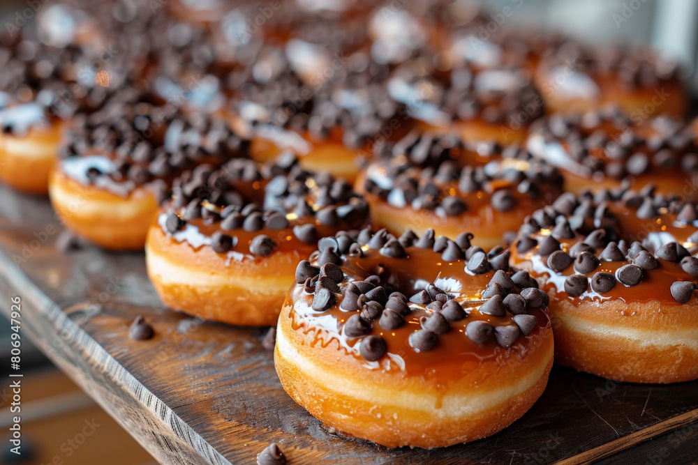 Wooden Table Covered in Donuts With Chocolate Chips. Generative AI